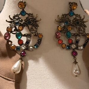 Elegant Multicolor Dragon Earrings with Pearl Drop